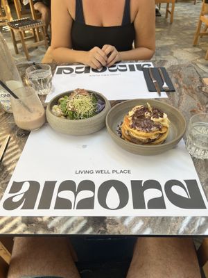 Vegan breakfast + protein shake  at Almond in Paros
