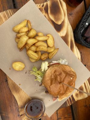 Burger with Beyond paté and some potatoes 😋   at Restavracija Kramar in Bohinjsko Jezero