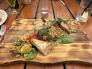 Vegan plate (barley, tofu, and vegetables)  at Restavracija Kramar in Bohinjsko Jezero