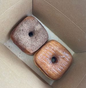 Left: cocoa churro. Right: OG (glazed)  at Valkyrie Doughnuts in St Petersburg