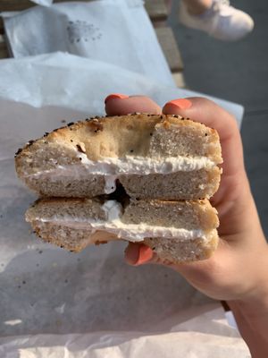 Everything Pagel w/ tofu cream cheese - so tiny  at Druthers Coffee in Stony Brook