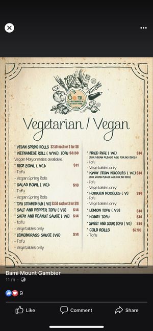 Vegan veg menu  at Ba-Mi  in Mount Gambier