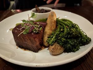 FILET AU POIVRE - Vegan steak entree with an added side of wild mushrooms- highly recommend !  at Tartine Bistro in Rocky River