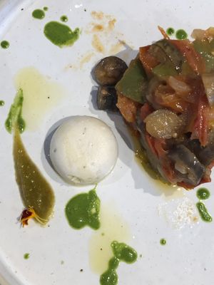 Caponata with homemade almond cheese  at il Bosco delle Galline Volanti in Barolo