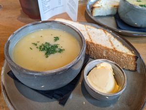 Leek and potato soup with vegan spread. Had to ask for it without cream at The Bonnington in Edinburgh