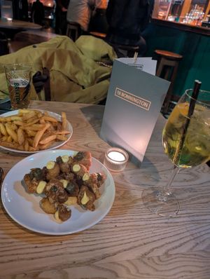 Coronation cauliflower and chips. With Pisco Pop cocktail  at The Bonnington in Edinburgh