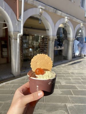 Dark chocolate kumquat & coconut vanilla   at Papagiorgis Patiserie-Gelateria in Corfu