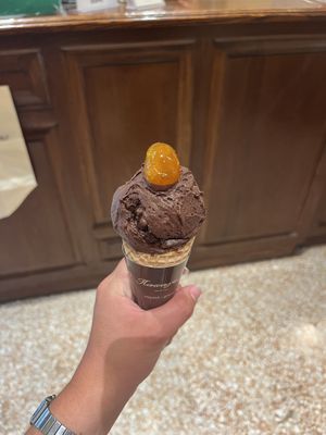 Dark chocolate kumquat flavor  at Papagiorgis Patiserie-Gelateria in Corfu