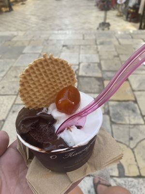 Dark chocolate with kumquat and lemon… all begab  at Papagiorgis Patiserie-Gelateria in Corfu