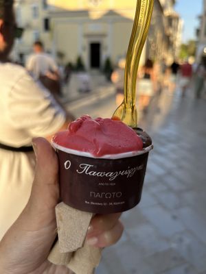 Dark chocolate and  raspberry   at Papagiorgis Patiserie-Gelateria in Corfu