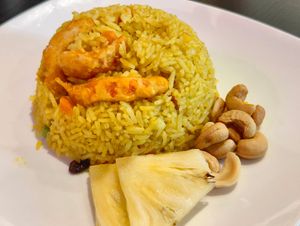 pineapple fried rice with mock prawns, cashew nuts, raisins and pineapple at Nagara Thai Gold in Central Singapore
