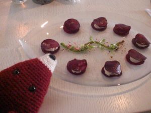 Beetroot with nut filling raw ravioli. Looks small but is filling at Botanique in Vilnius