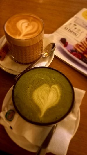 Almond latte + coconut matcha at La Birou Bistro in Brasov