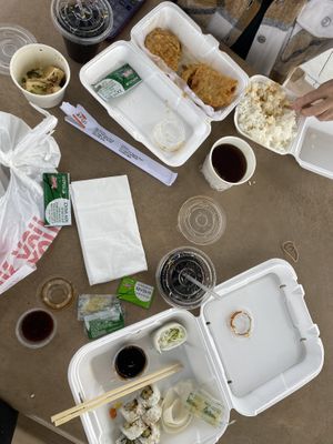 my mom got fried vegetable tempura, tofu Akadashi, I got vegetable medley roll without avocado  at Jjanga in Las Vegas