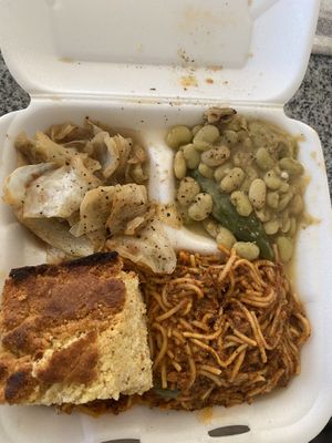 Soul food plate (cabbage, lima beans, and spughetti) #Veganuary at Soul Wired Cafe in Jackson