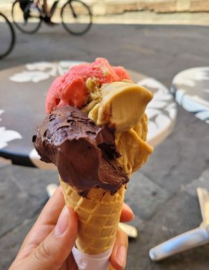 amazingly creamy! dark chocolate, strawberry and caramel at Gelateria il Masgalano in Siena