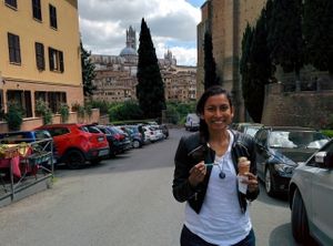 Happy with my soya milk coffee and chocolate gelato at Gelateria il Masgalano in Siena