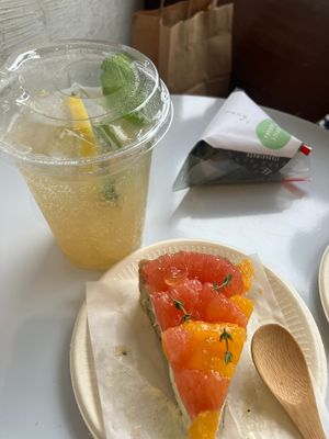 Earl Grey Citrus Tart, Ginger Soda, Takana Onigiri at Tsuchi Cafe in Toronto