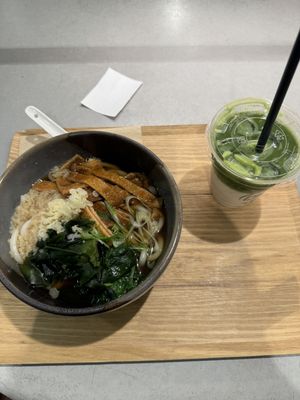 vegan udon soup & oat matcha latte  at MARU in Zurich