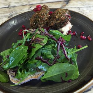 Falafel open sandwich on sour dough with houmous and mixed leaves. (it comes with harissa which I didn't have as its not vegan) at Cafe in the Park in Rickmansworth
