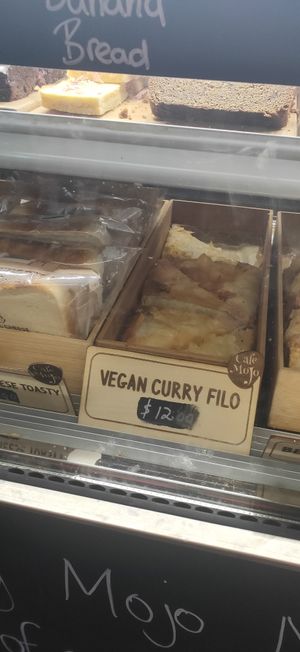 Curry filo in the front cabinet at Cafe Mojo in Mundaring