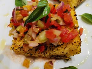 Corn polenta with salsa at Papírkutya in Veszprem