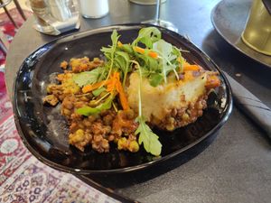 Vegan Shephard's pie at Papírkutya in Veszprem