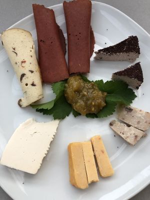 Vegan cold cut and cheese selection, spicy green tomato jam  at La Dimora del Bardo in Nimis