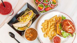 VEGAN BEEFLESS BURGER WITH FRIES ,BERRY BERRY SMOOTHIE,BLACK BEANS TACOS, SALAD & SOUP at Earths Goddess Holistics and Juicebar in Fort Lauderdale