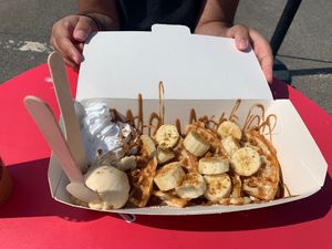 Vegan Banoffee Waffles (complete with vegan ice cream and whipped cream!)  at Iced on the Quay in Hayle