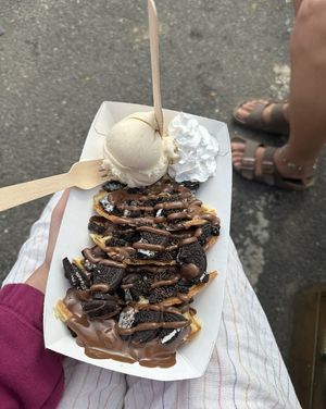 Oreo waffles with ice cream and whipped cream!!😋  at Iced on the Quay in Hayle