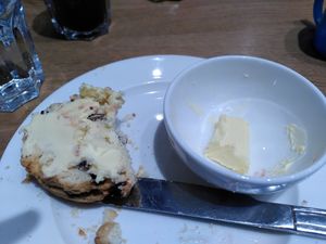 Fruit scone - nearly finished (August 2023) at Brewhouse Cafe - Seaton Delaval Hall in Seaton Sluice