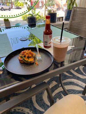 Avo toast and cacao smoothie  at Green Vibes Juice & More in Mount Vernon