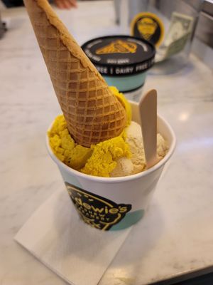 Turmeric spice, roasted cashew, lemon creme at Mr.Dewie's Cashew Creamery in Oakland