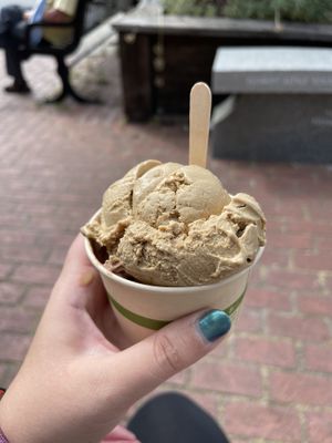 One scoop chocolate coconut and one scoop cold brew coffee  at Mr.Dewie's Cashew Creamery in Oakland