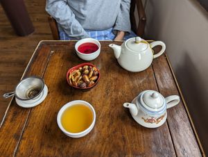 Tea with roasted fava beans at The Tao of Tea in Portland