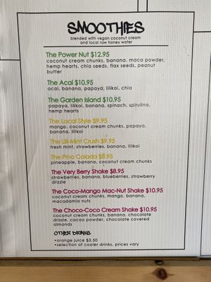 Smoothie menu at The Spot in Princeville