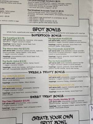 Bowl menu at The Spot in Princeville