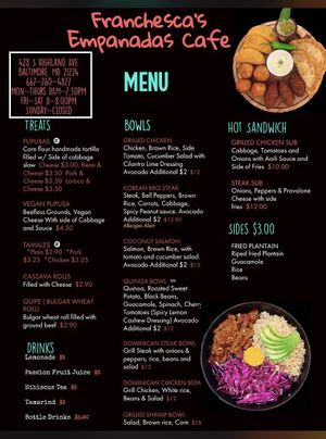 Menú  at Franchesca's Empanadas Cafe in Baltimore