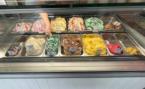 Bottom row entirely vegan: cherry ripe, ginger macadamia, mint choc chip, Ferrero rocher, mango, raspberry, passion fruit.   at 1770 Gelato Co in Agnes Water