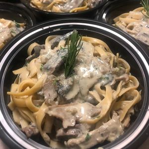 rich porcini carbonara at Plant Based Meals in San Diego