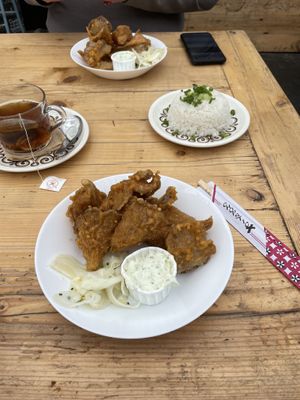 Mushroom wings and ginger tea! at Banh Vi in Manchester