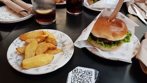 Beyond meat burger and chips at Polka in San Sebastian