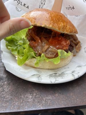 Vegeterian Beyond meat burger without cheese  at Polka in San Sebastian
