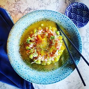 Vegan Tiradito: roasted golden beets, vegan leche de tigre, cracked cancha, noriko, spicy onion relish, avocado puree, volcanic salt, togarashi at KAIYŌ in San Francisco