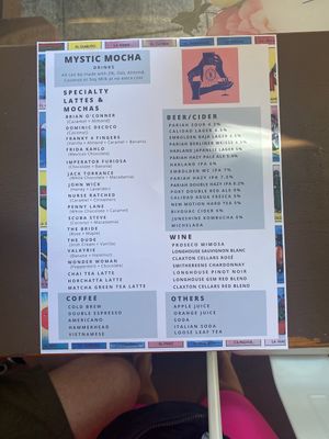 Back of menu   at Mystic Mocha in San Diego