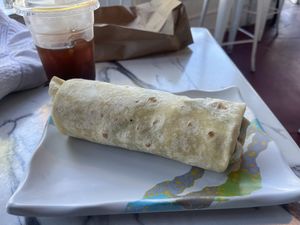 vegan tofu bakon burrito & iced americano   at Mystic Mocha in San Diego