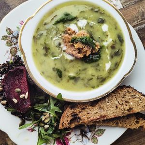 Wild garlic and potato soup  at Ellies Soul Kitchen in Helston