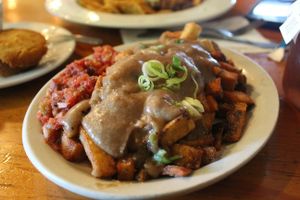 Morning Potatoes w/salsa and almond gravy at Cafe Gertrude in Portland