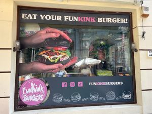 Restaurant's window at FunKink Burgers in Bucharest